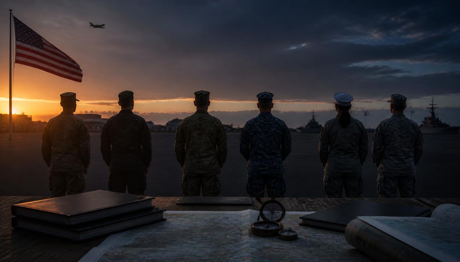American flag with military service members in formation at sunset