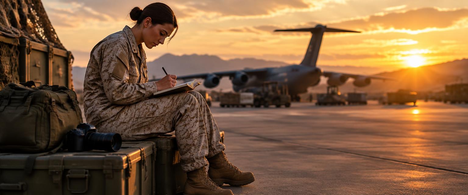 A deployed service member writing in a journal beside her duffel bag as a transport aircraft sits on the flight line at sunset