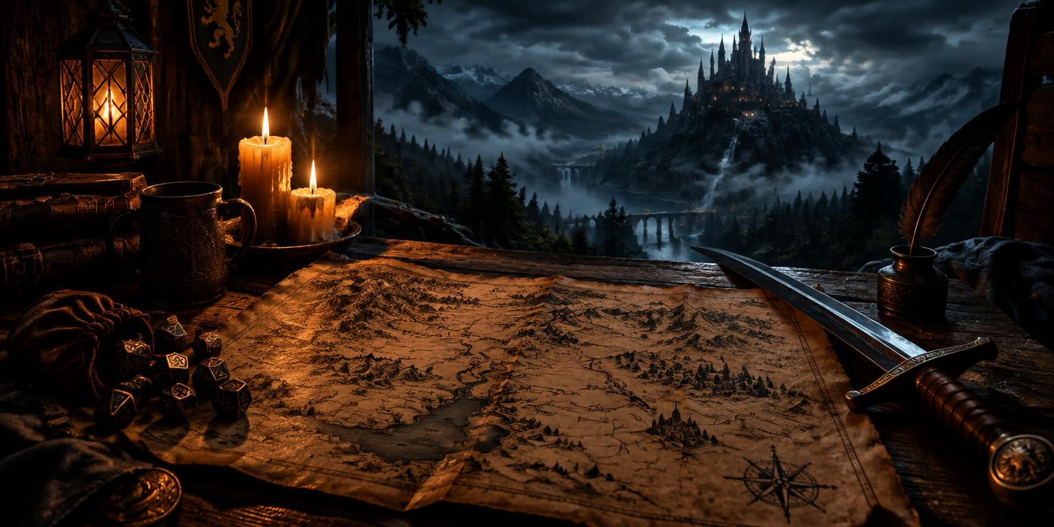 Fantasy map, sword and candles on a tavern table