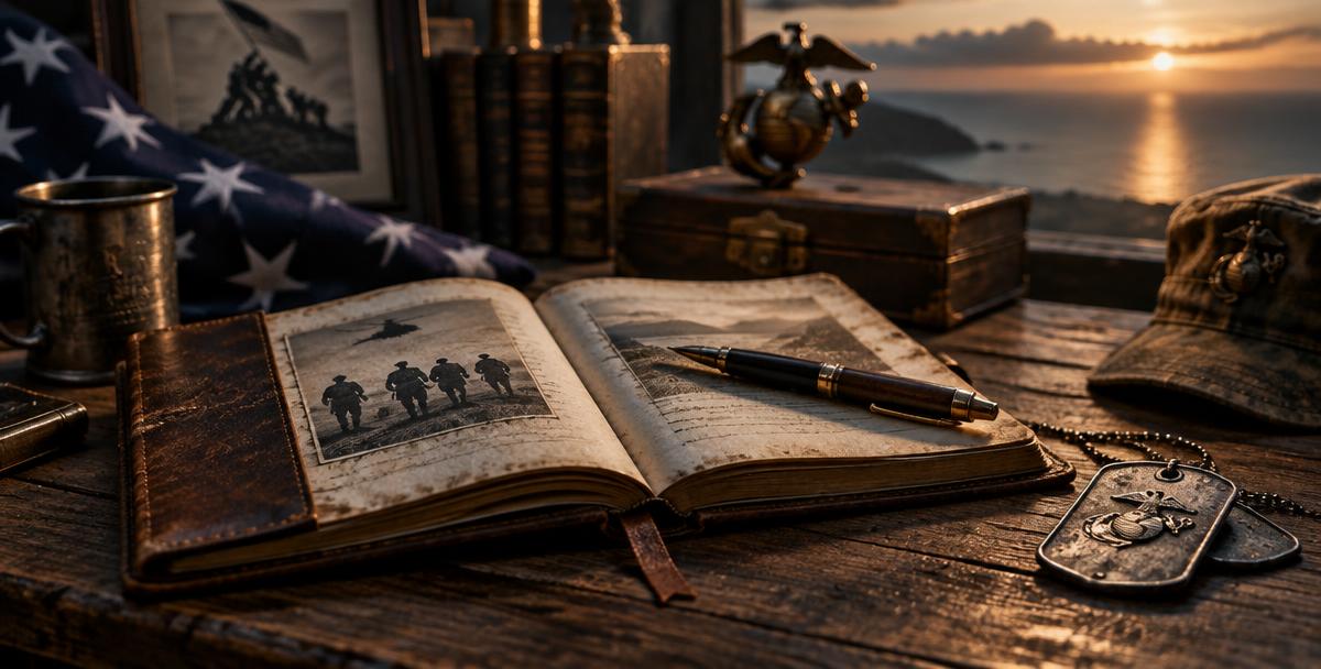 Open journal, fountain pen, and Marine dog tags on a wooden desk at sunset
