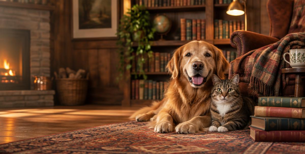 A golden retriever and a tabby cat sitting together beside a stack of books in a cozy library