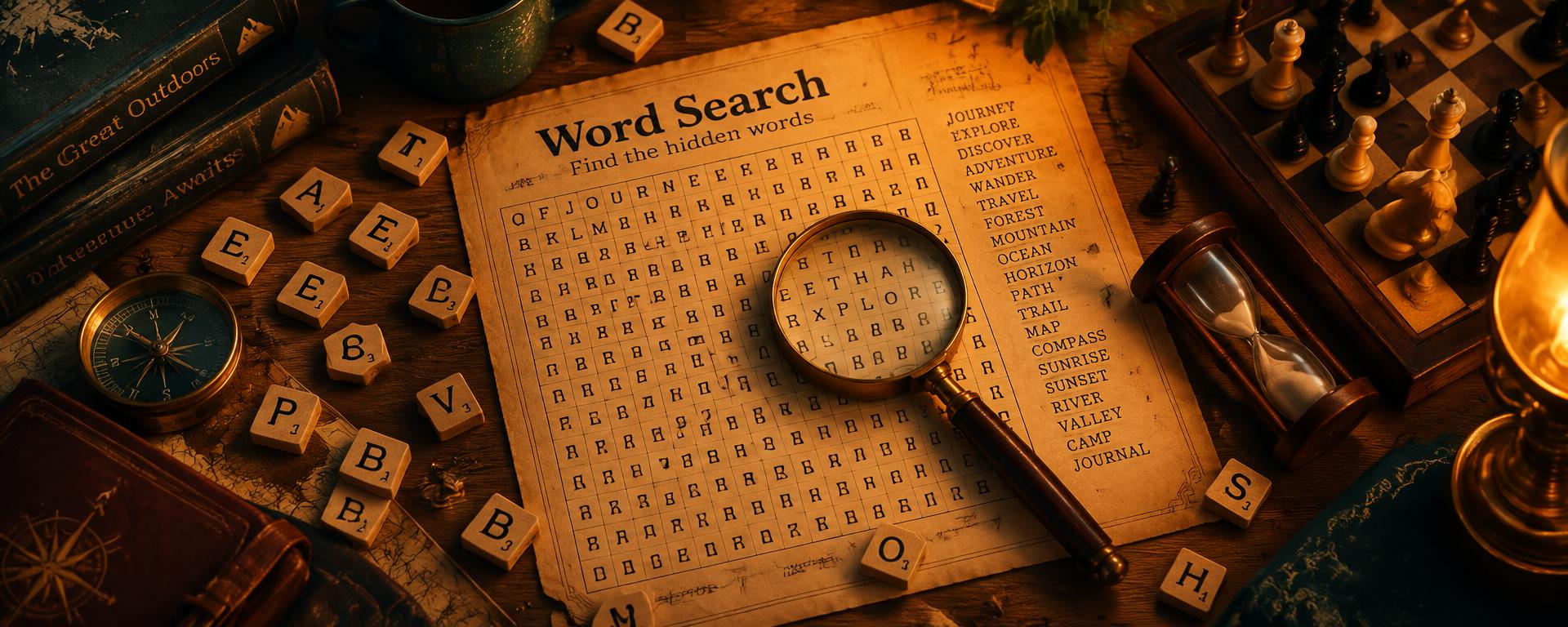 A handwritten word search puzzle on aged paper with a brass magnifying glass and fountain pen on a wooden desk