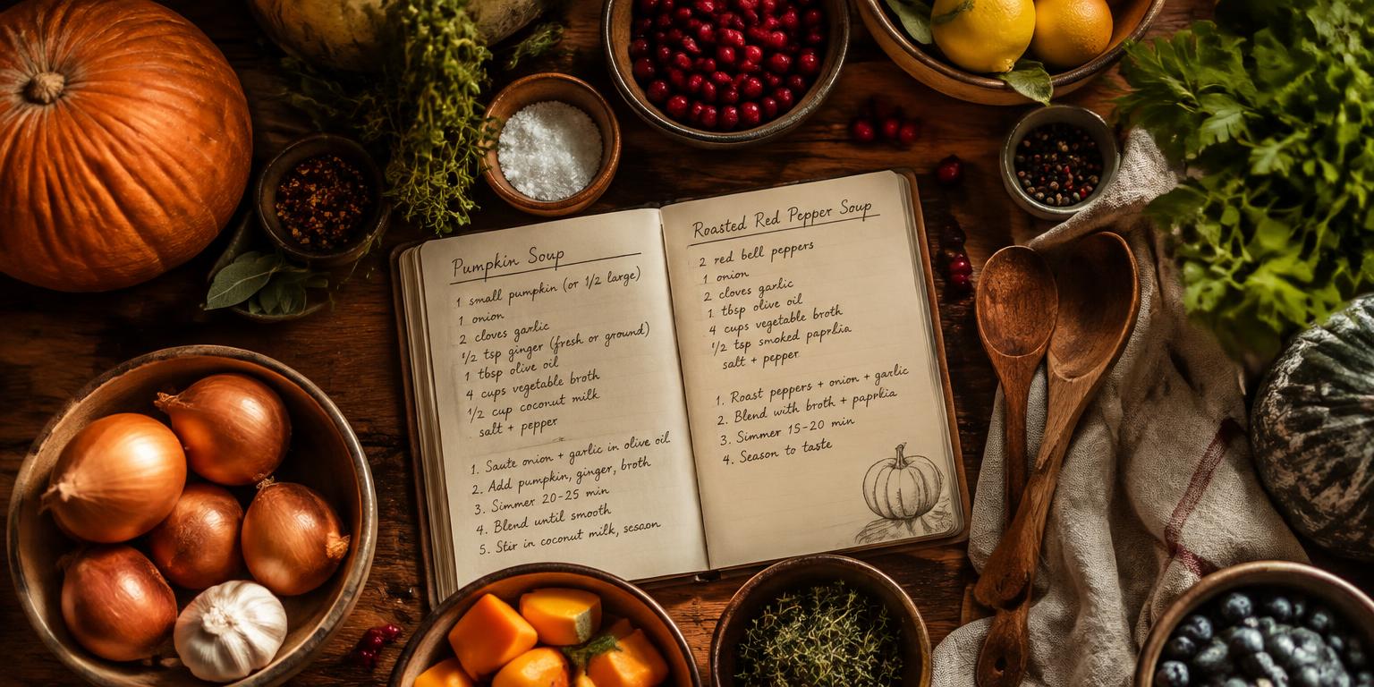 Rustic kitchen table with fresh ingredients and a handwritten recipe book