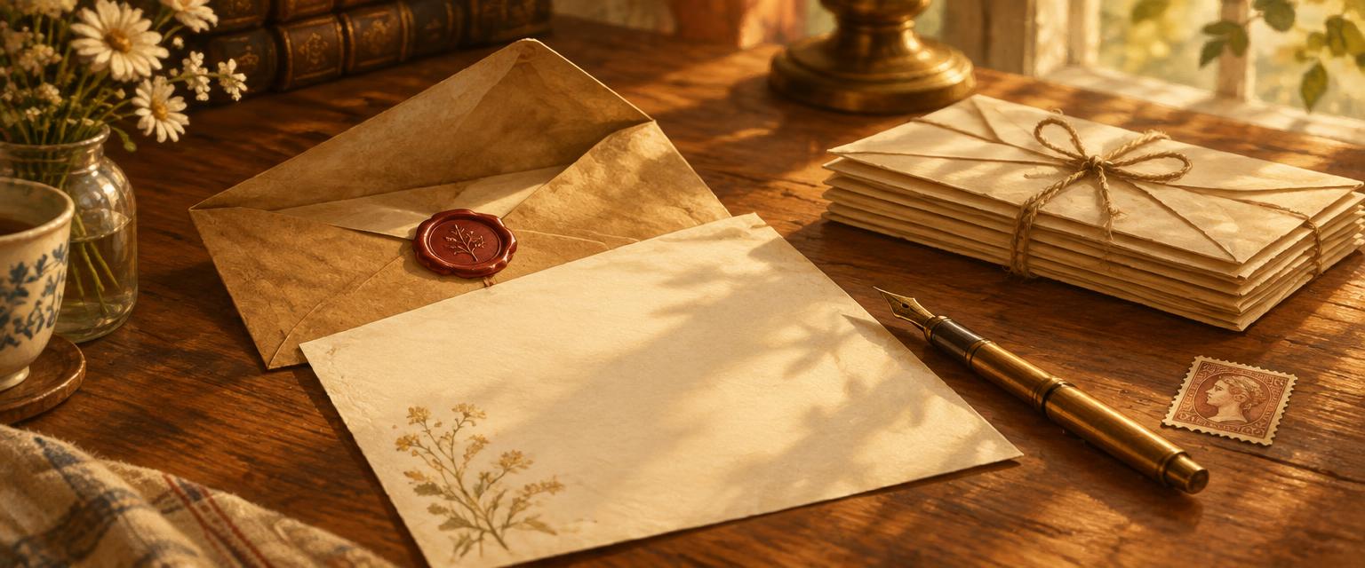 A handwritten letter, wax-sealed envelope, brass fountain pen and tied stack of envelopes on a wooden desk