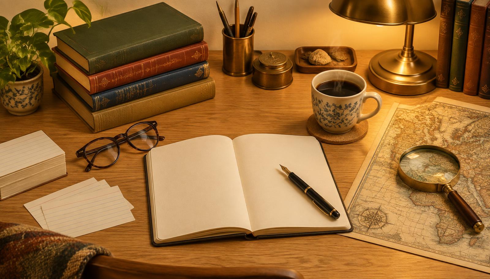 A writer's reference desk with books, a fountain pen, an open notebook, and an antique map